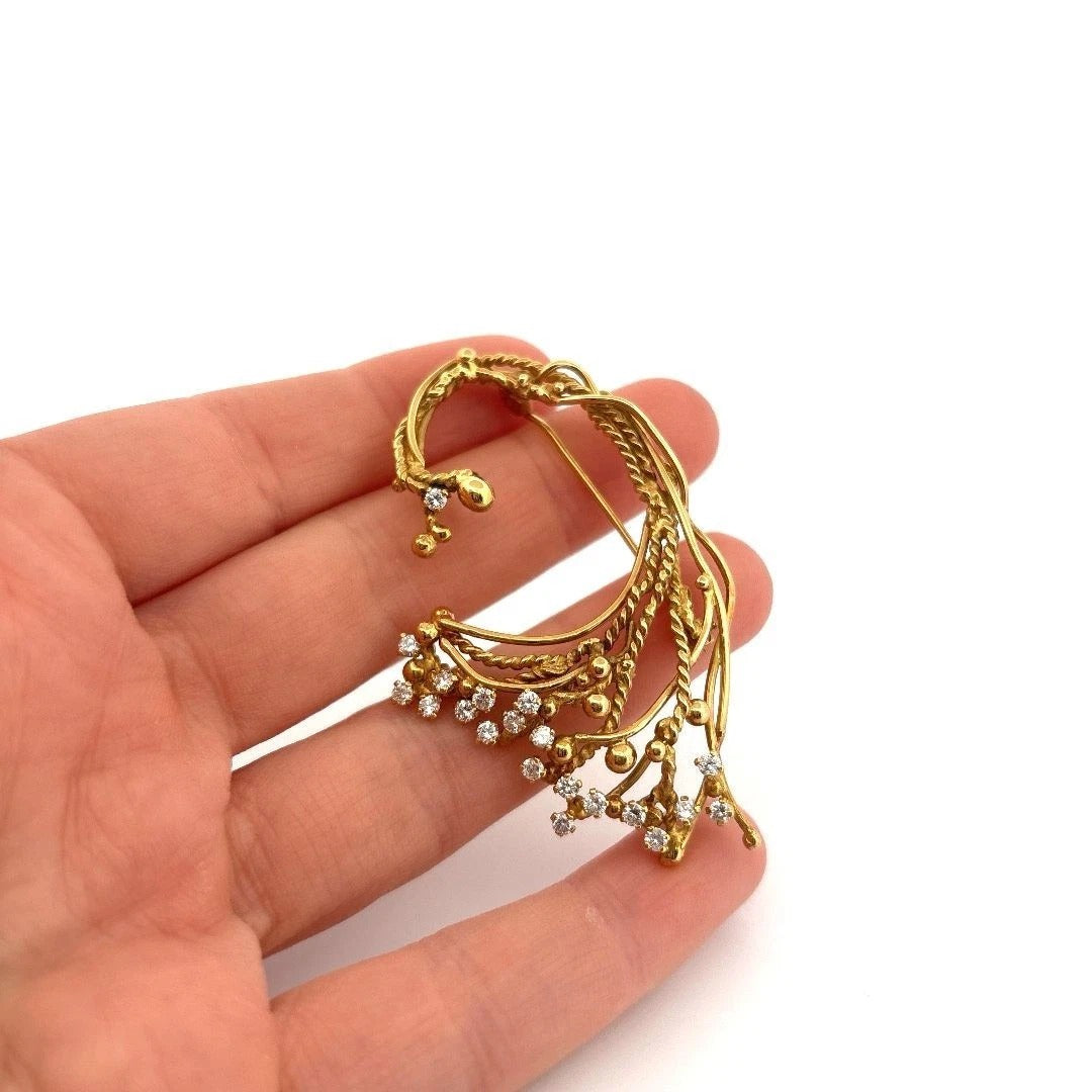 Custom 18K Yellow Gold Diamond Vine 1.00 ctw Natural Diamonds 15.89g Brooch