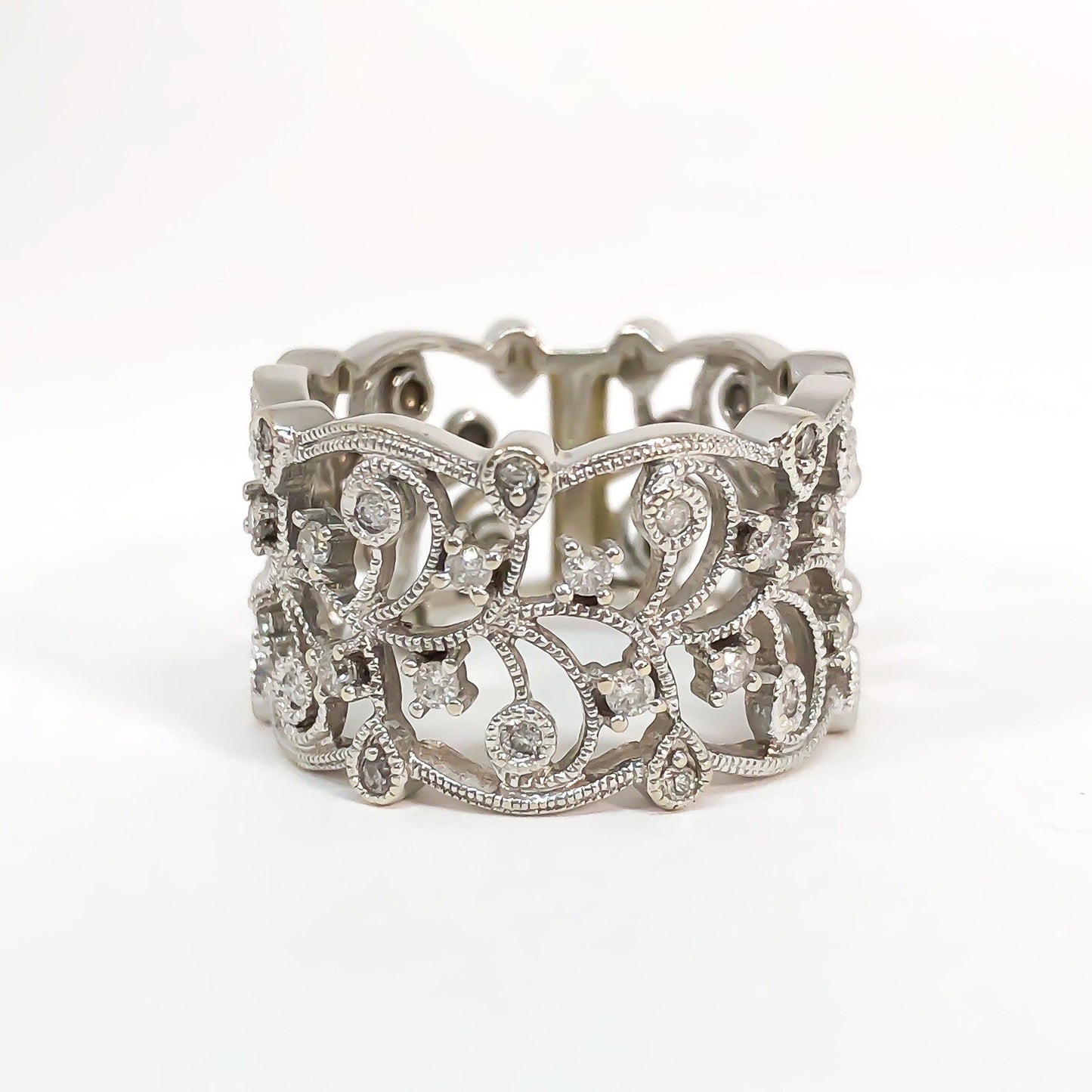 14KW .35ctw Diamond Filigree Lace Wide Lady’s Band Ring Sz 6.5 - Devine & Co.