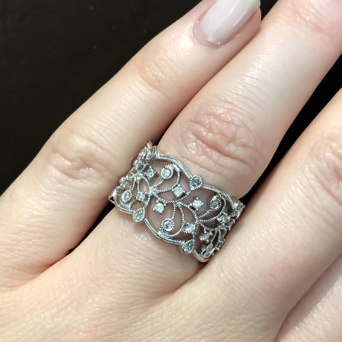14KW .35ctw Diamond Filigree Lace Wide Lady’s Band Ring Sz 6.5 - Devine & Co.