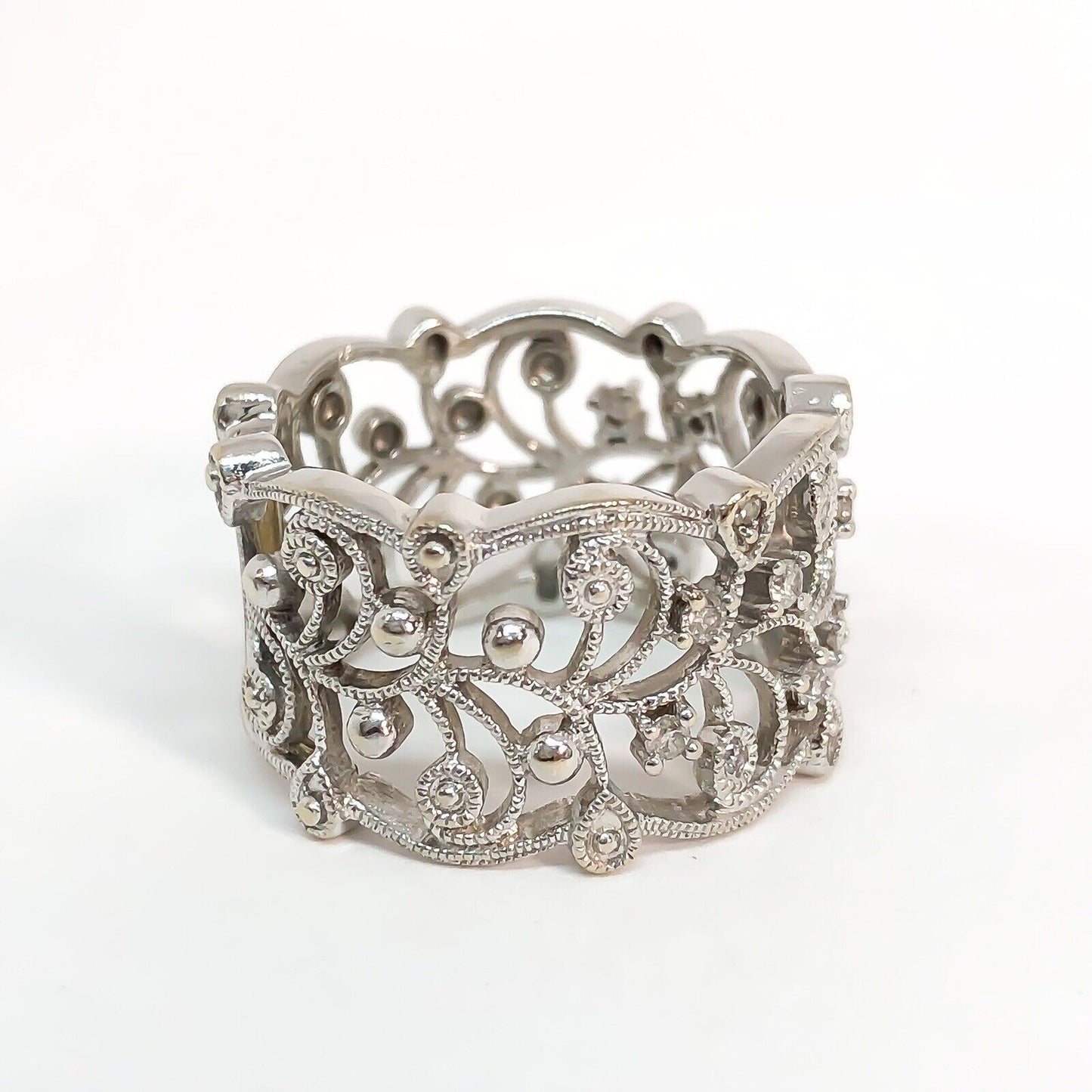14KW .35ctw Diamond Filigree Lace Wide Lady’s Band Ring Sz 6.5 - Devine & Co.
