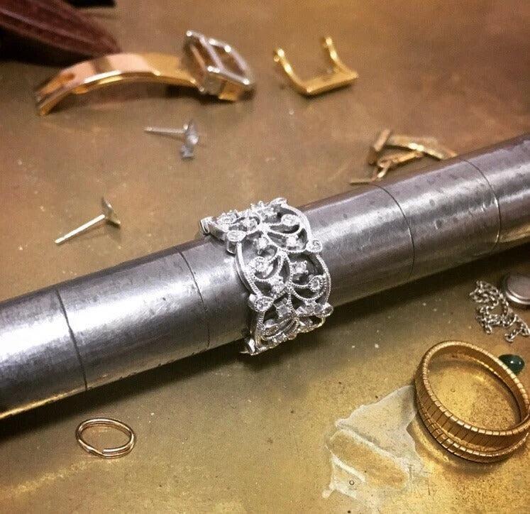 14KW .35ctw Diamond Filigree Lace Wide Lady’s Band Ring Sz 6.5 - Devine & Co.