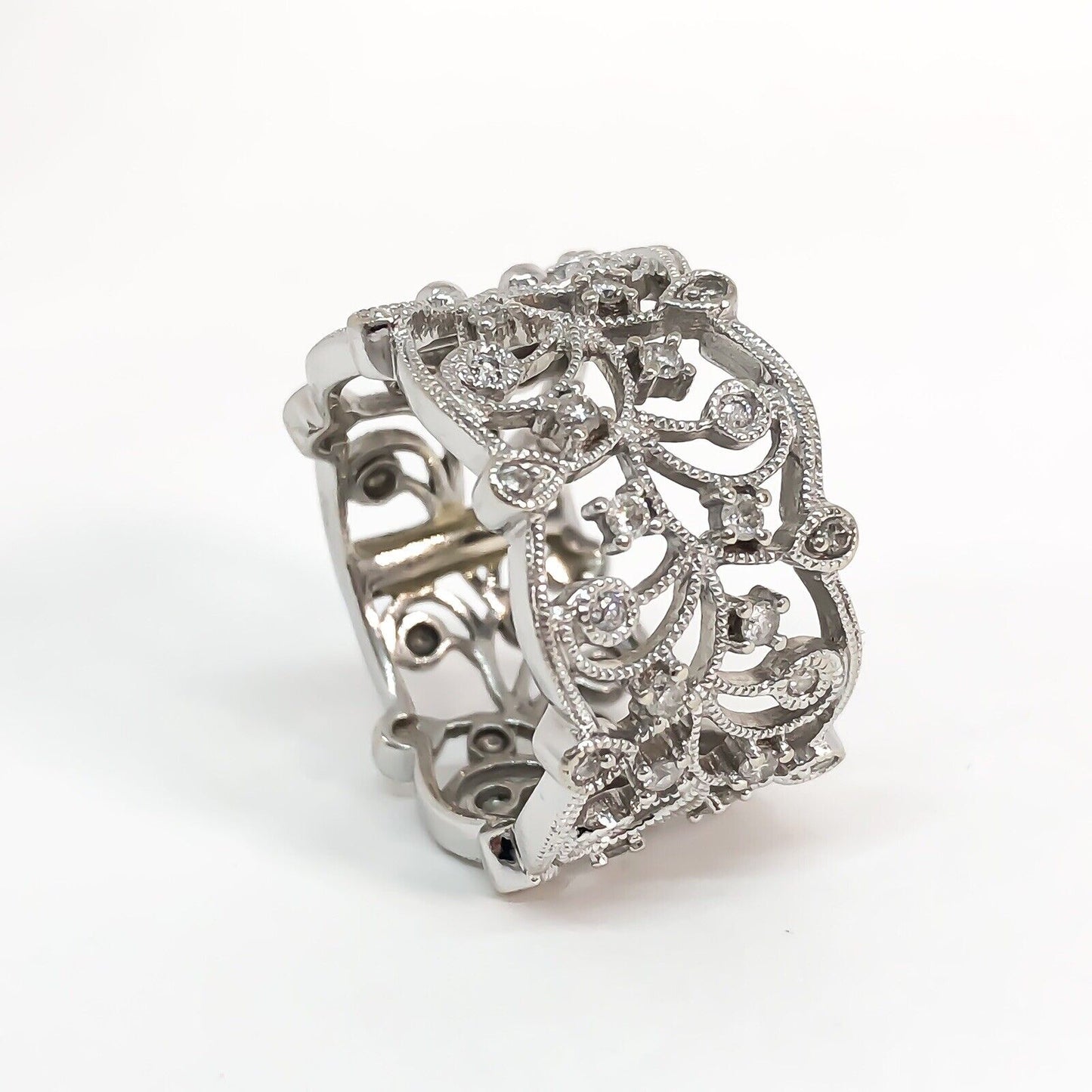 14KW .35ctw Diamond Filigree Lace Wide Lady’s Band Ring Sz 6.5 - Devine & Co.