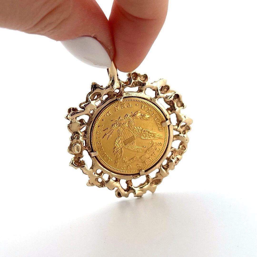 1895 10 Dollar Liberty Freeform 14K Yellow Gold Frame 30g Head Half Eagle Coin Pendant - Devine & Co.