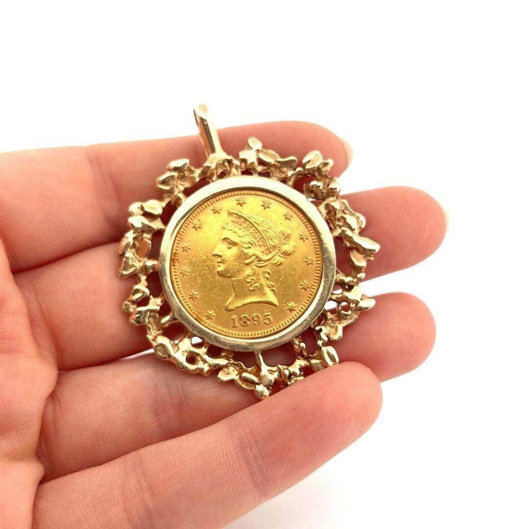 1895 10 Dollar Liberty Freeform 14K Yellow Gold Frame 30g Head Half Eagle Coin Pendant - Devine & Co.