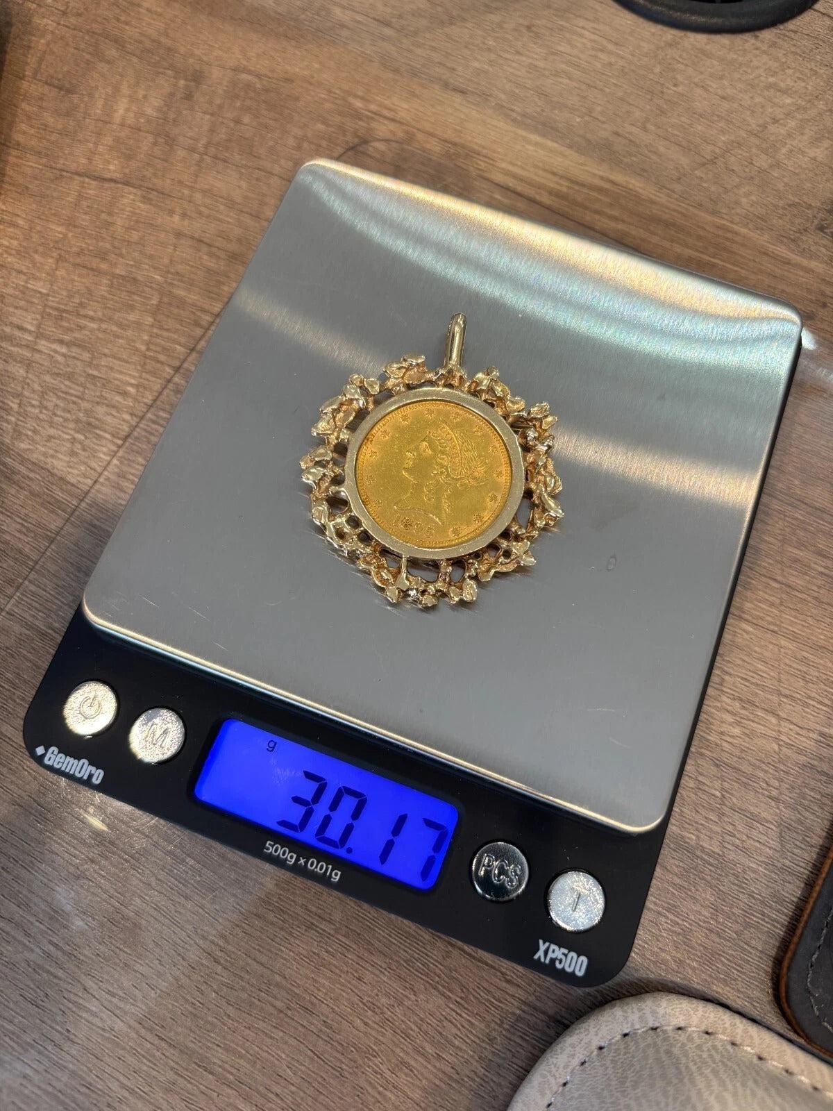 1895 10 Dollar Liberty Freeform 14K Yellow Gold Frame 30g Head Half Eagle Coin Pendant - Devine & Co.