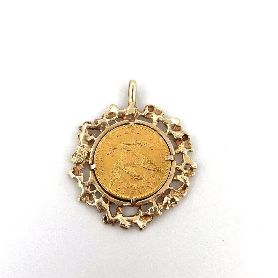 1895 10 Dollar Liberty Freeform 14K Yellow Gold Frame 30g Head Half Eagle Coin Pendant - Devine & Co.