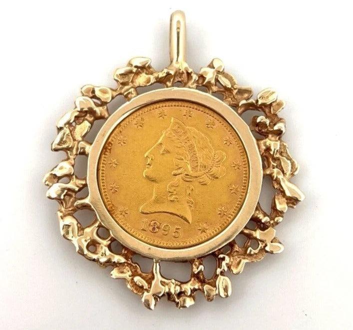 1895 10 Dollar Liberty Freeform 14K Yellow Gold Frame 30g Head Half Eagle Coin Pendant - Devine & Co.