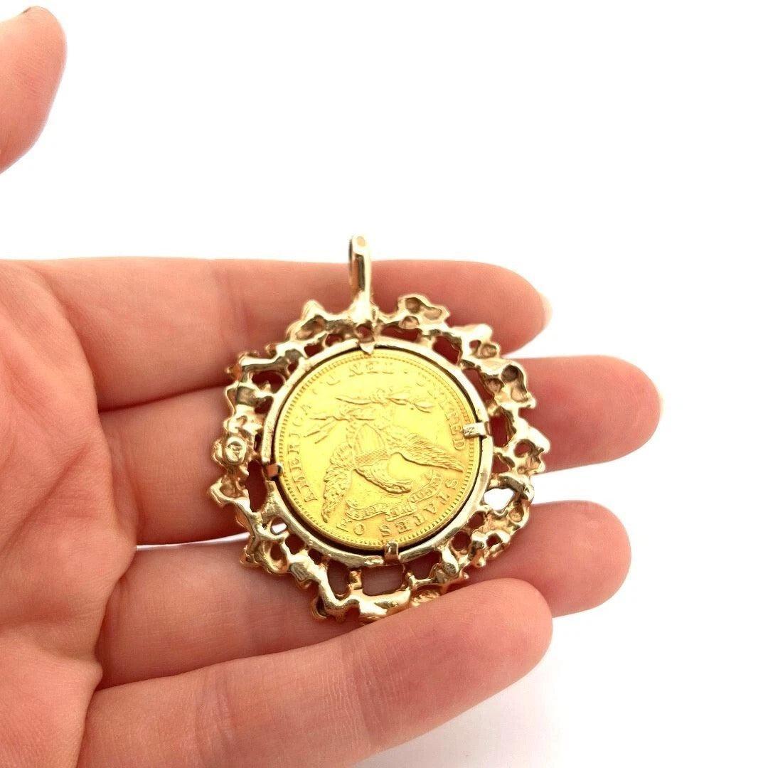 1895 10 Dollar Liberty Freeform 14K Yellow Gold Frame 30g Head Half Eagle Coin Pendant - Devine & Co.