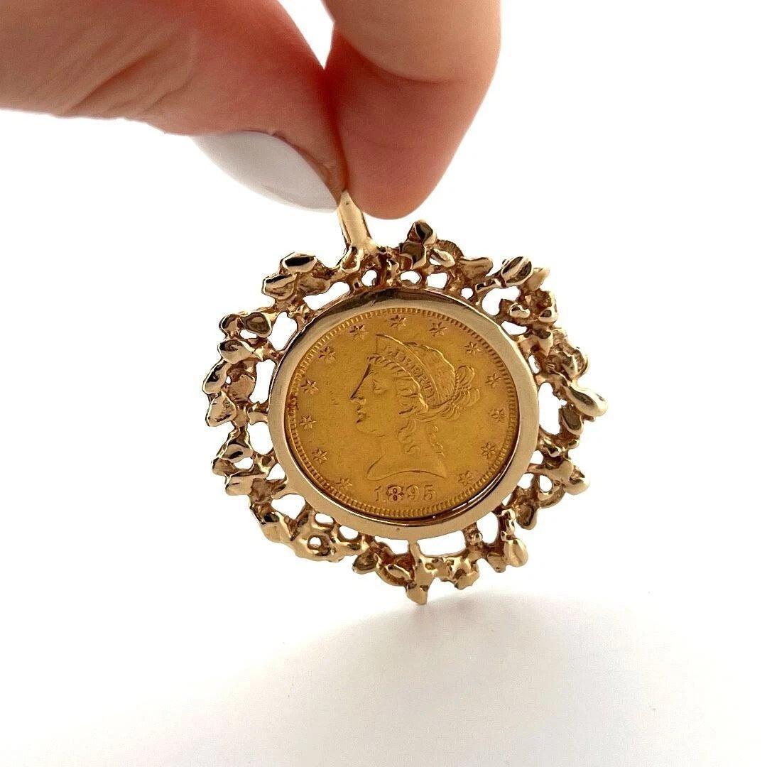 1895 10 Dollar Liberty Freeform 14K Yellow Gold Frame 30g Head Half Eagle Coin Pendant - Devine & Co.