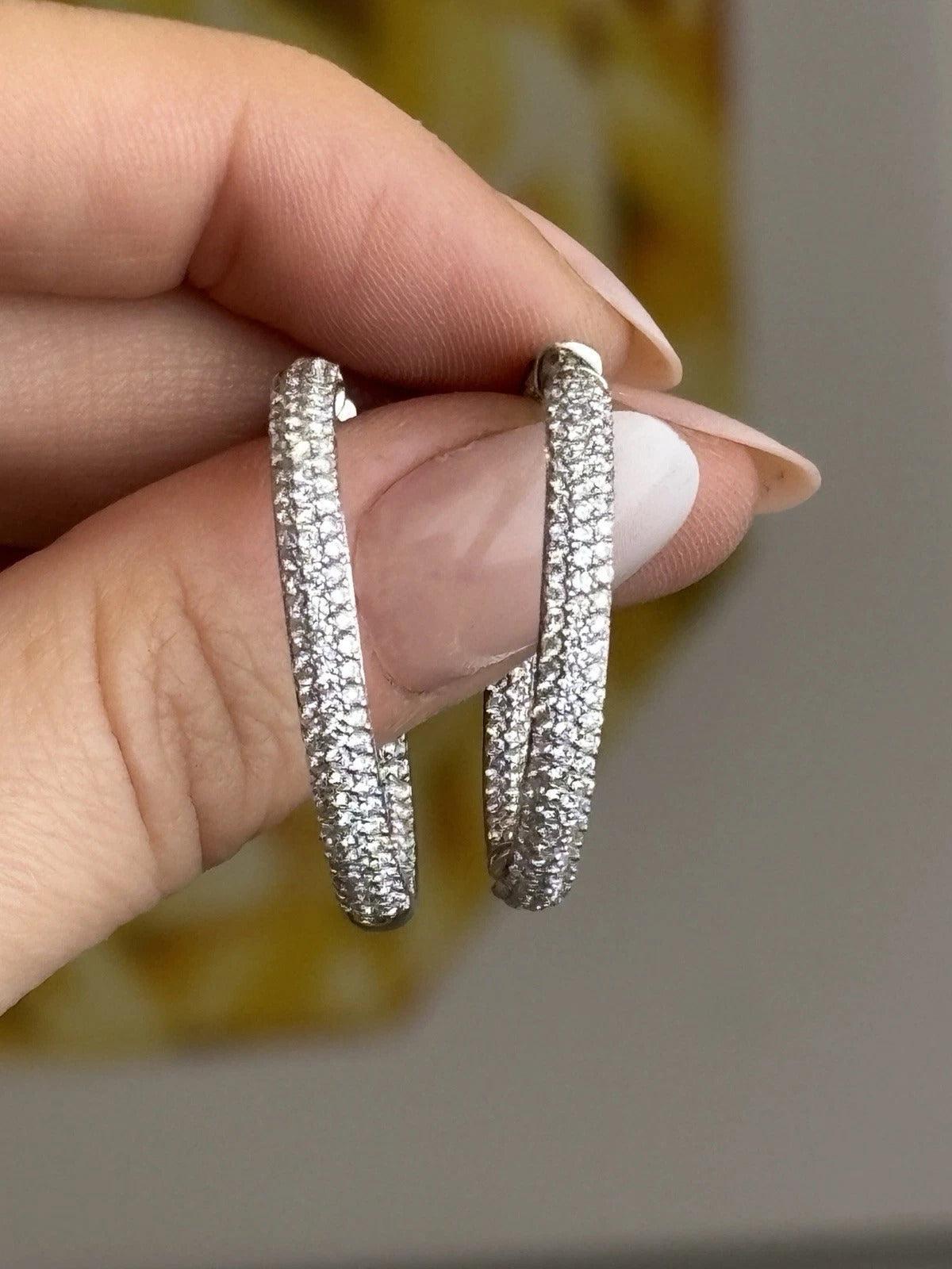 3.50ctw VS G-H Inside-Outside Pave Set 18K White Gold Diamond Hoop Earrings - Devine & Co.