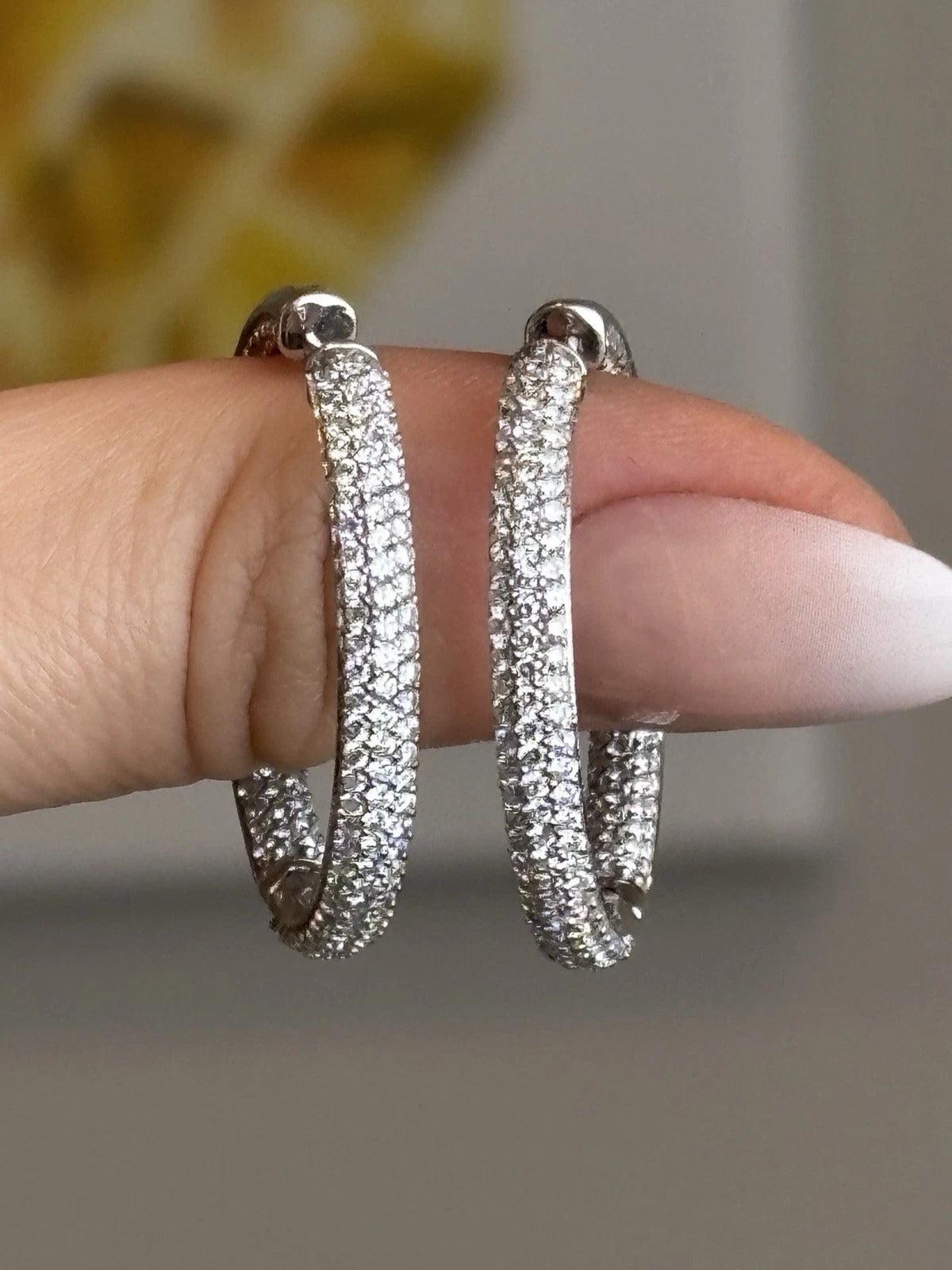 3.50ctw VS G-H Inside-Outside Pave Set 18K White Gold Diamond Hoop Earrings - Devine & Co.