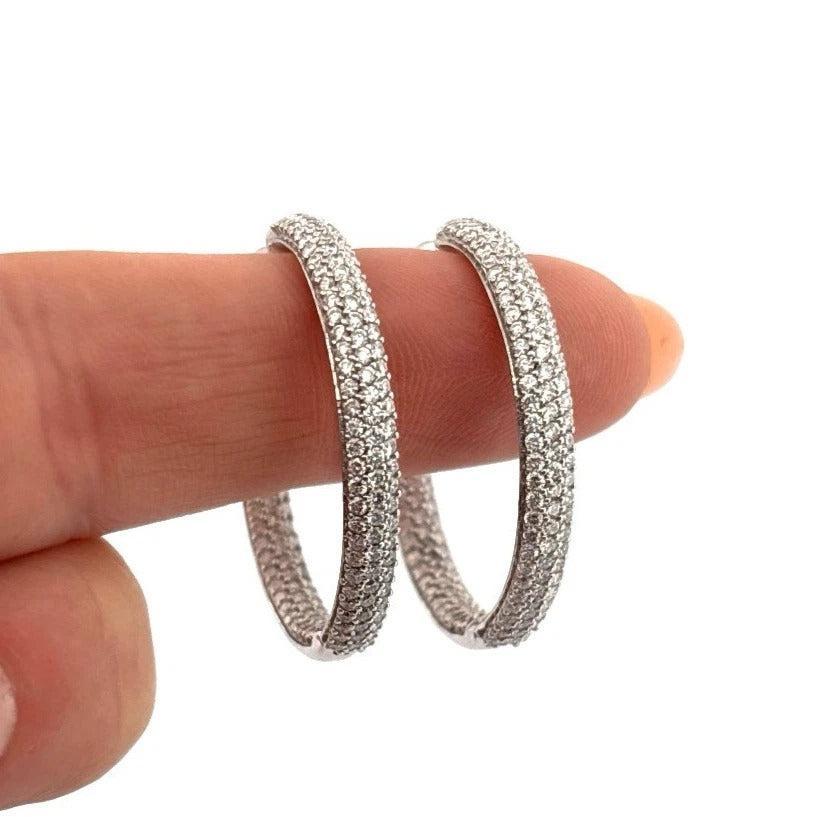 3.50ctw VS G-H Inside-Outside Pave Set 18K White Gold Diamond Hoop Earrings - Devine & Co.