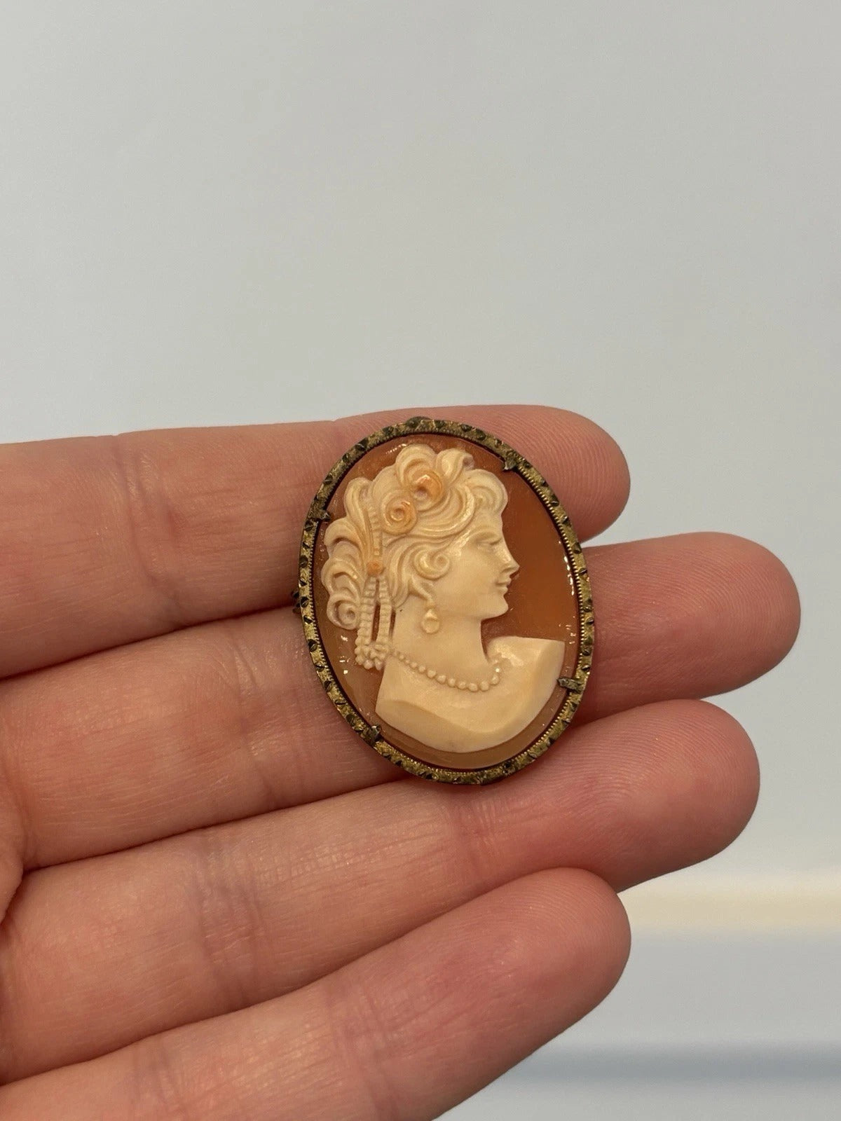 Victorian Style Shell Cameo Yellow Plated Frame Brooch, 3.5cm x 2.5cm