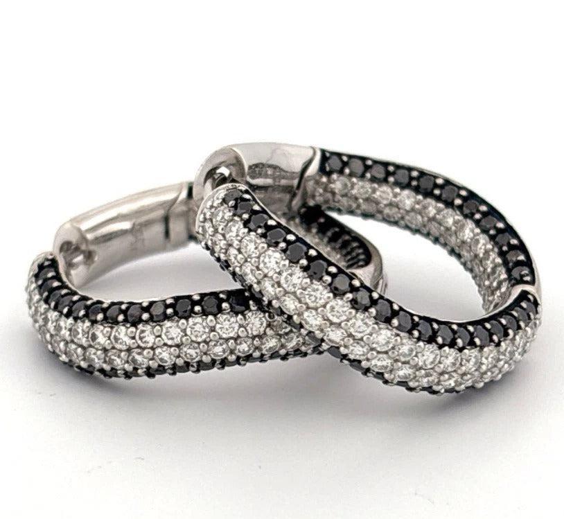 4.40ctw VS F-G Black & White Pave Diamonds 18K White Gold Wave Hoop Earrings - Devine & Co.