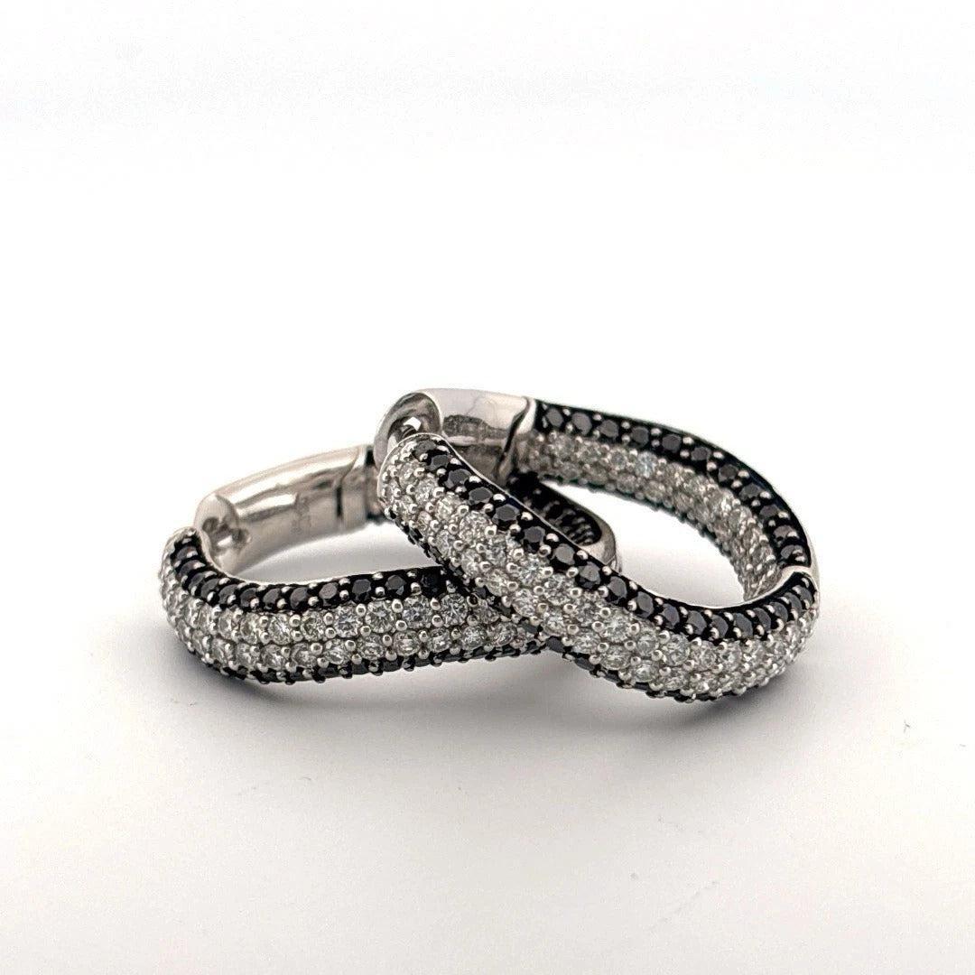 4.40ctw VS F-G Black & White Pave Diamonds 18K White Gold Wave Hoop Earrings - Devine & Co.