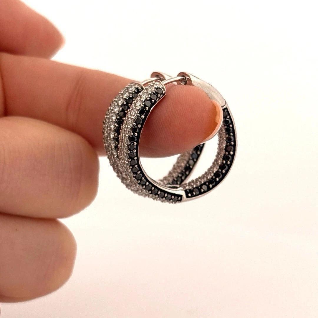 4.40ctw VS F-G Black & White Pave Diamonds 18K White Gold Wave Hoop Earrings - Devine & Co.