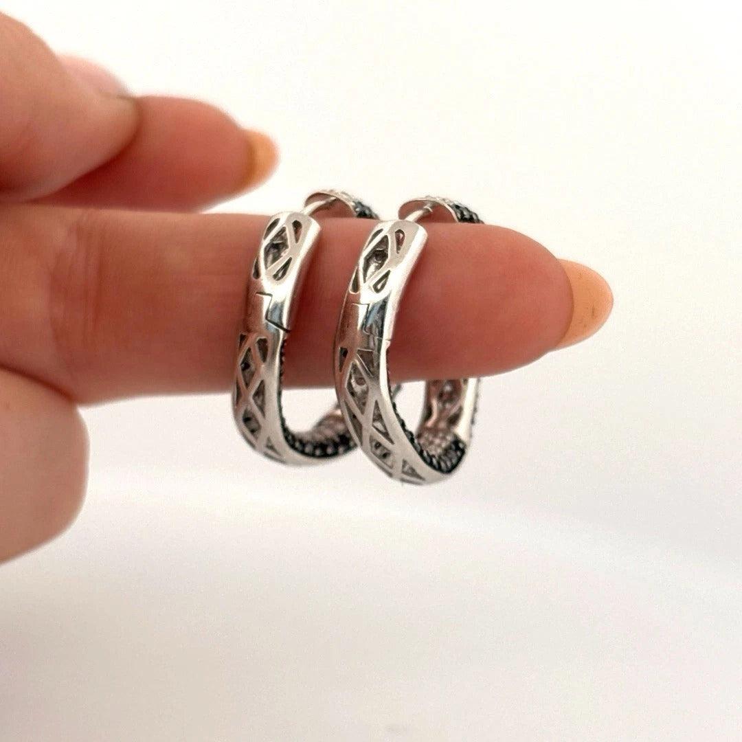 4.40ctw VS F-G Black & White Pave Diamonds 18K White Gold Wave Hoop Earrings - Devine & Co.