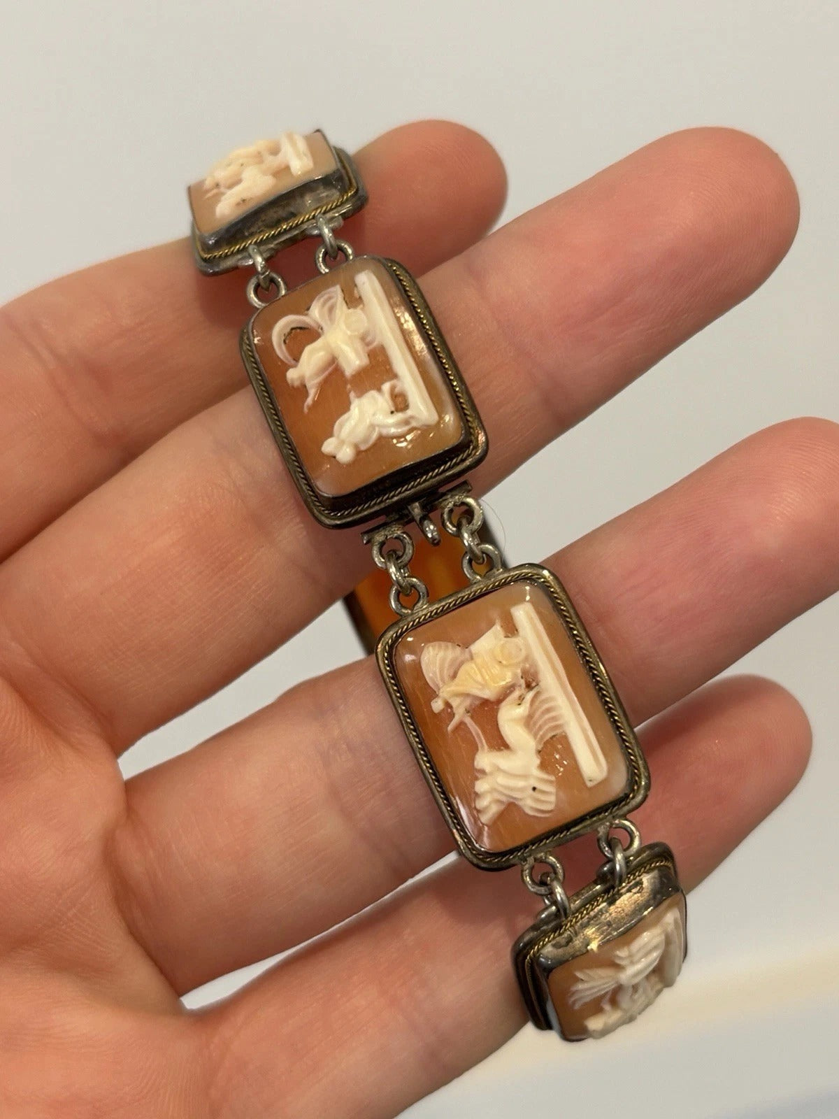 Antique Carved Shell Cameo Panel 800 Silver Italy 7.5" 21.61g Bracelet