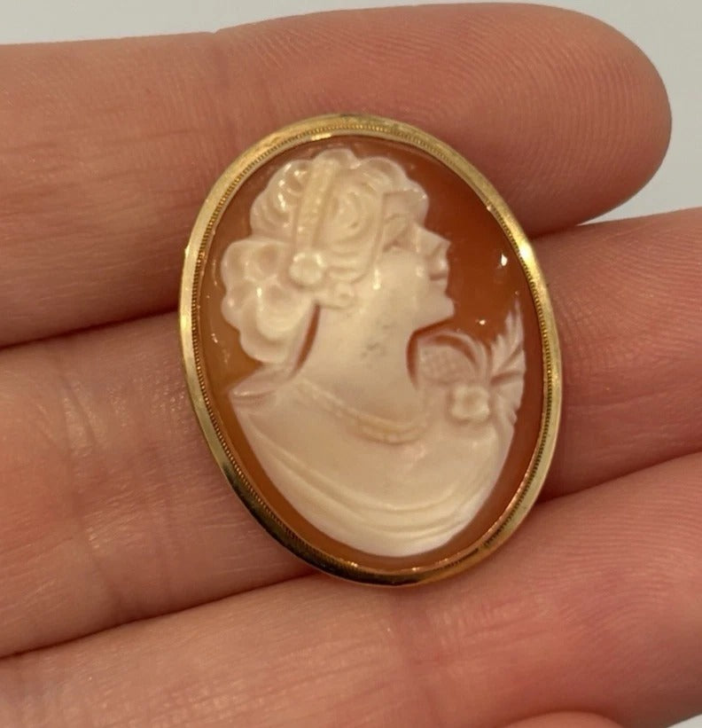 Vintage Hand-Carved Shell Cameo 14K Gold 3.57g Pendant Brooch 3.75cm x 2cm