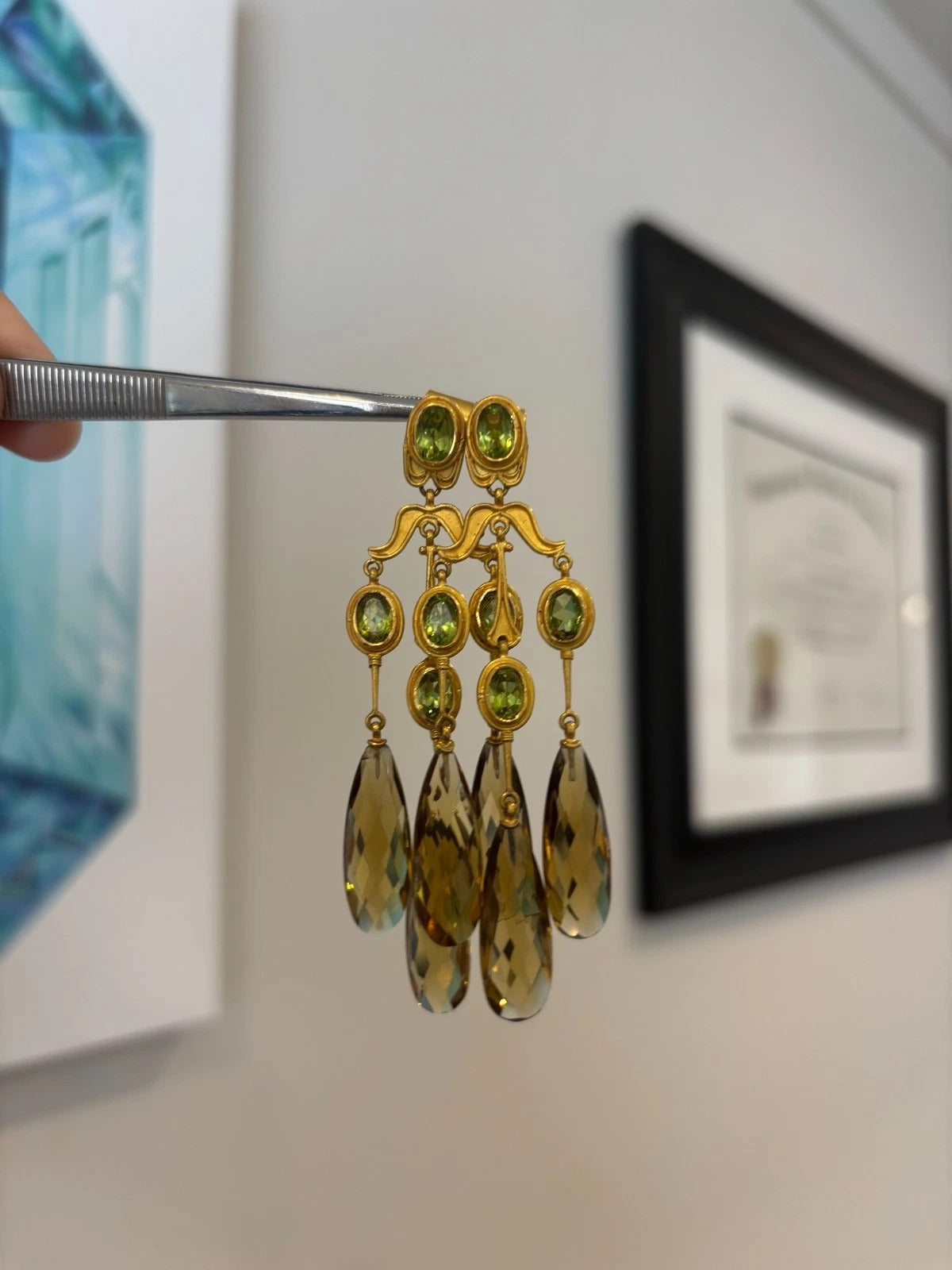 22K Yellow Gold Golden Smoky Quartz & Peridot 20.87g Chandelier Earrings