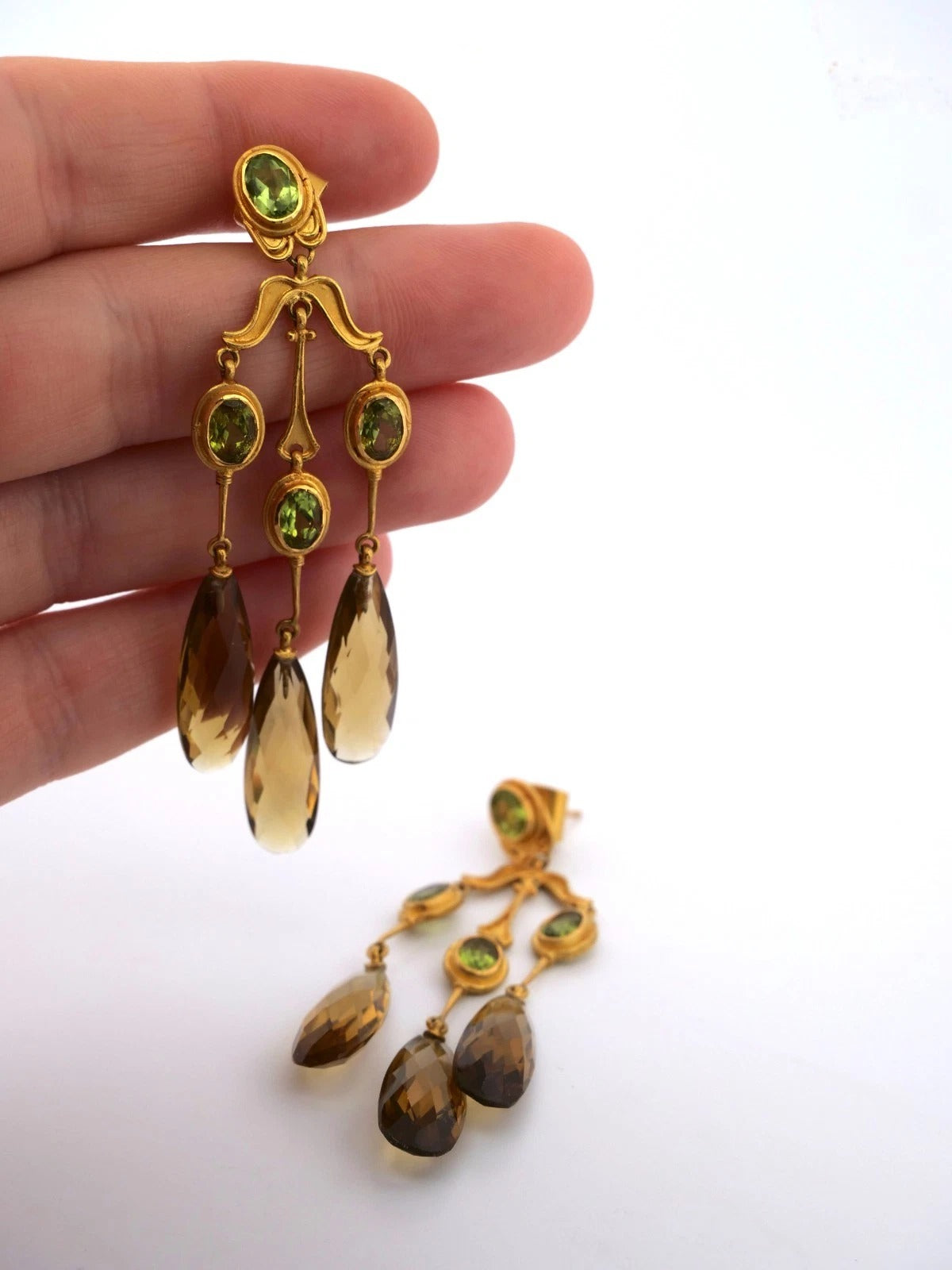 22K Yellow Gold Golden Smoky Quartz & Peridot 20.87g Chandelier Earrings