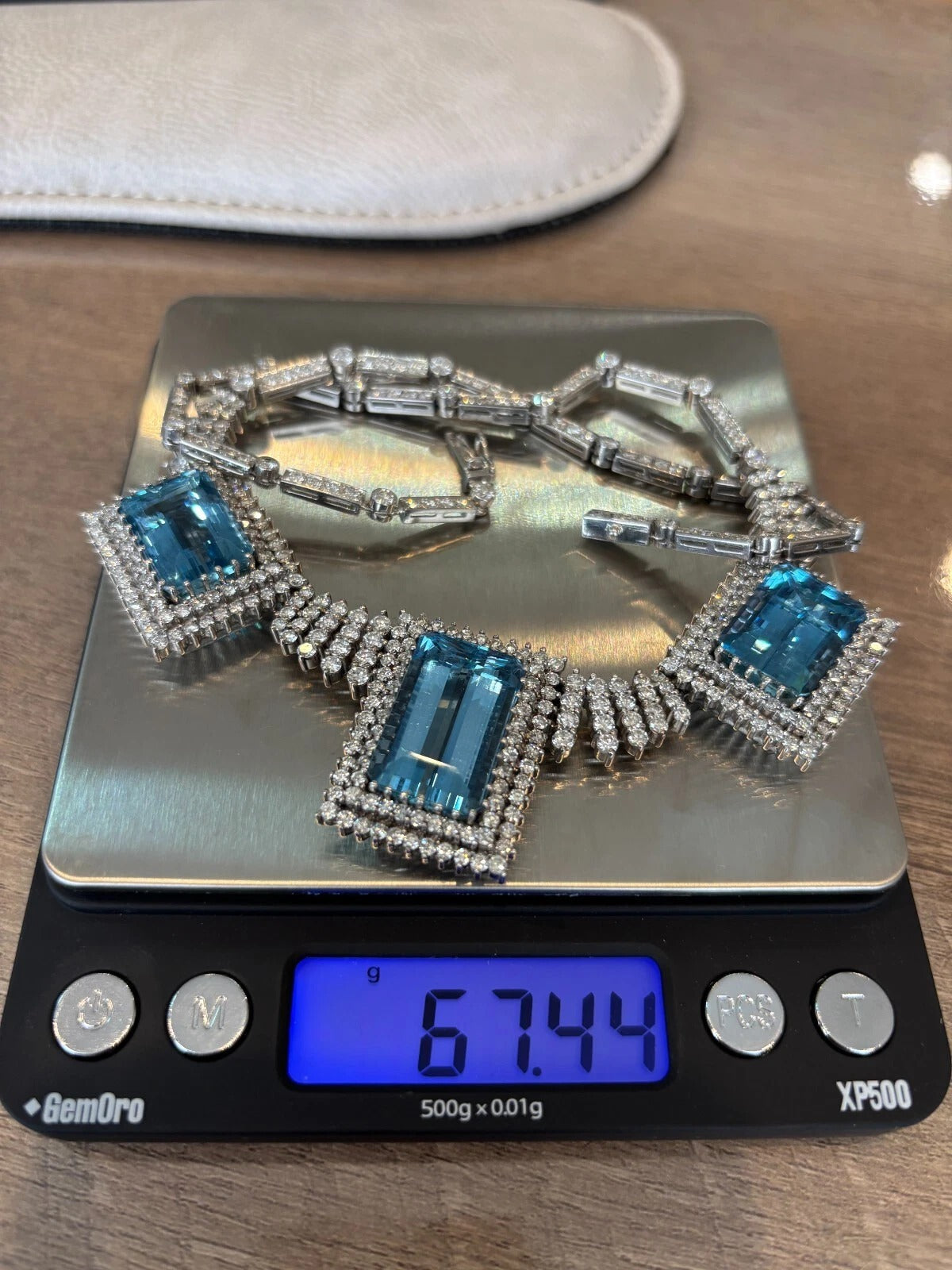 Custom 14K White Gold Natural Aquamarine & Diamond 46CTW Necklace Earring Suite - Devine & Co.