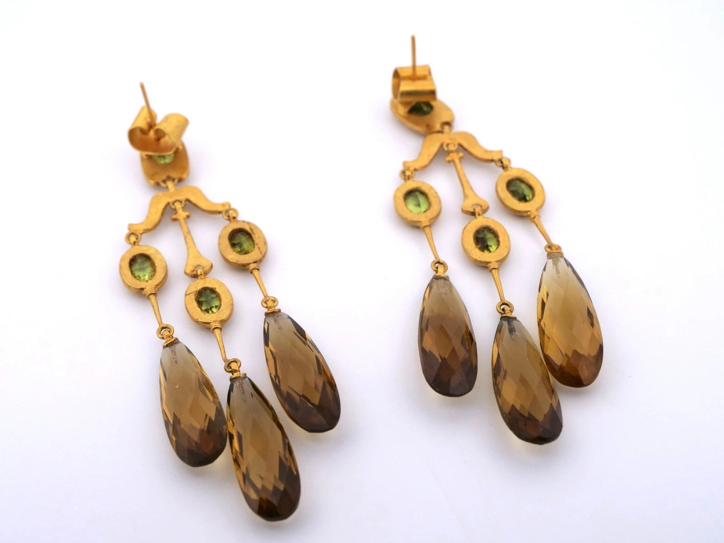 22K Yellow Gold Golden Smoky Quartz & Peridot 20.87g Chandelier Earrings