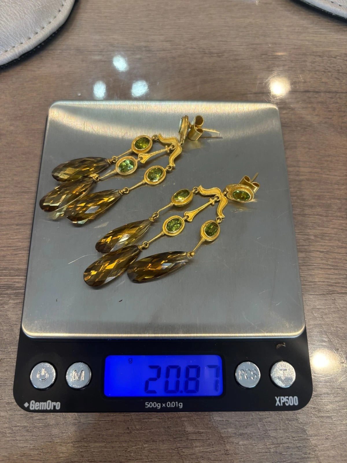 22K Yellow Gold Golden Smoky Quartz & Peridot 20.87g Chandelier Earrings