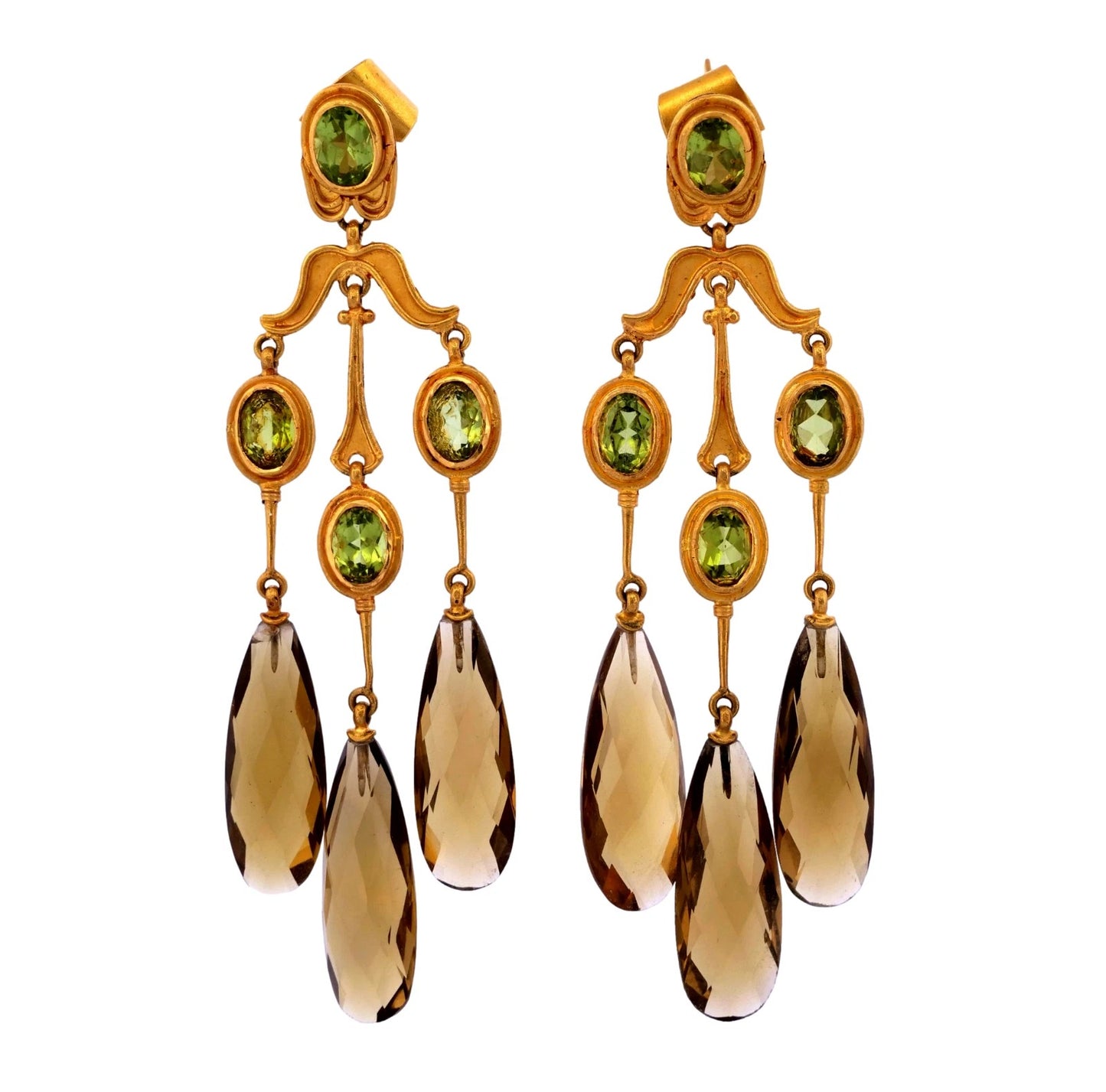 22K Yellow Gold Golden Smoky Quartz & Peridot 20.87g Chandelier Earrings