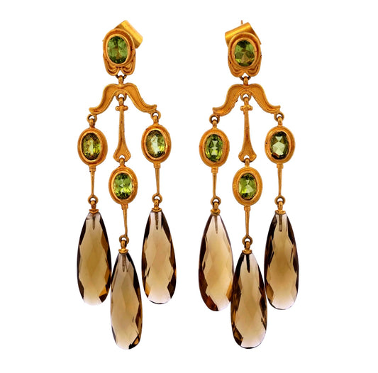 22K Yellow Gold  Golden Smoky Quartz & Peridot 20.87g Chandelier Earrings