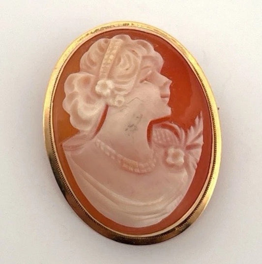 Vintage Hand-Carved Shell Cameo 14K Gold 3.57g Pendant Brooch 3.75cm x 2cm