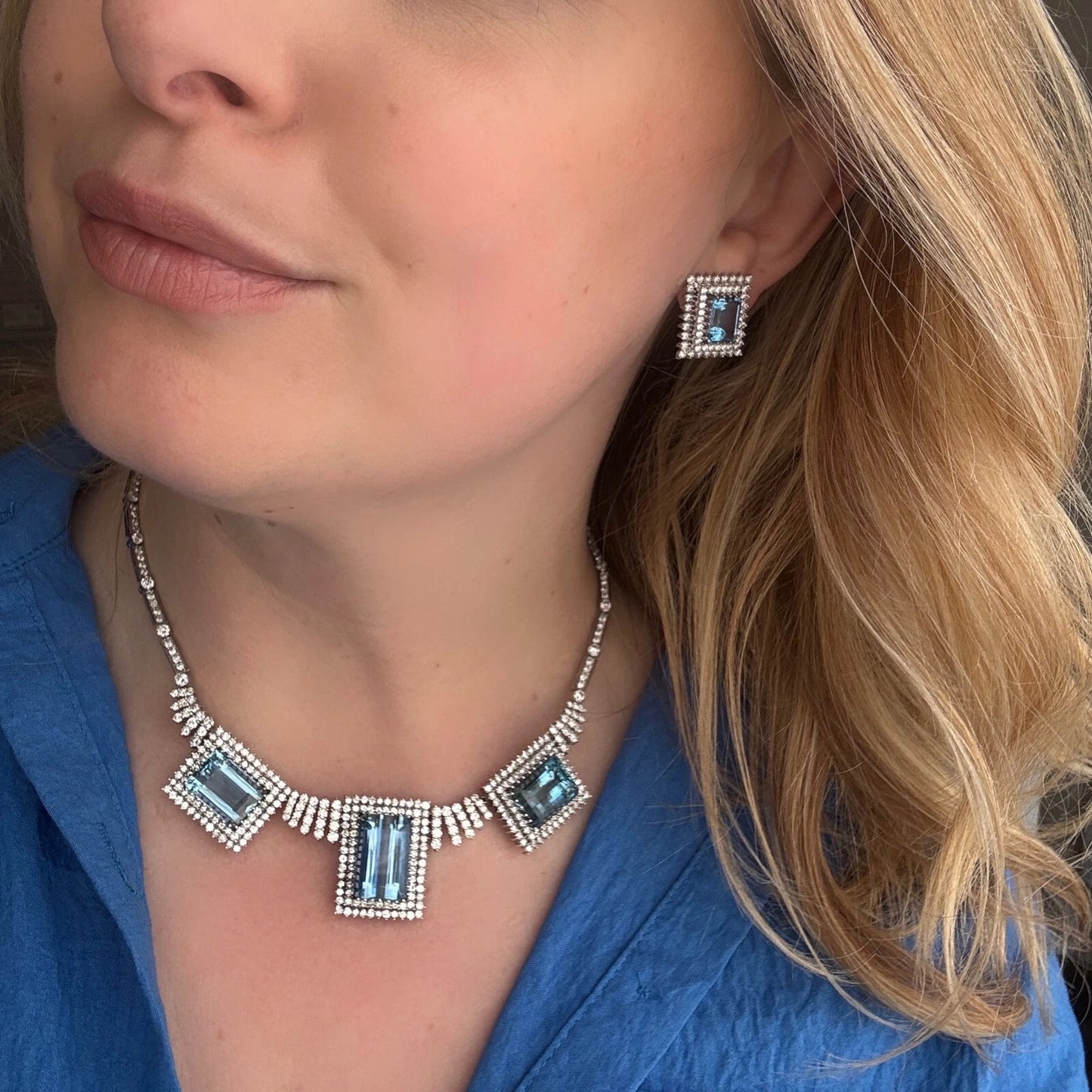 Custom 14K White Gold Natural Aquamarine & Diamond 46CTW Necklace Earring Suite - Devine & Co.