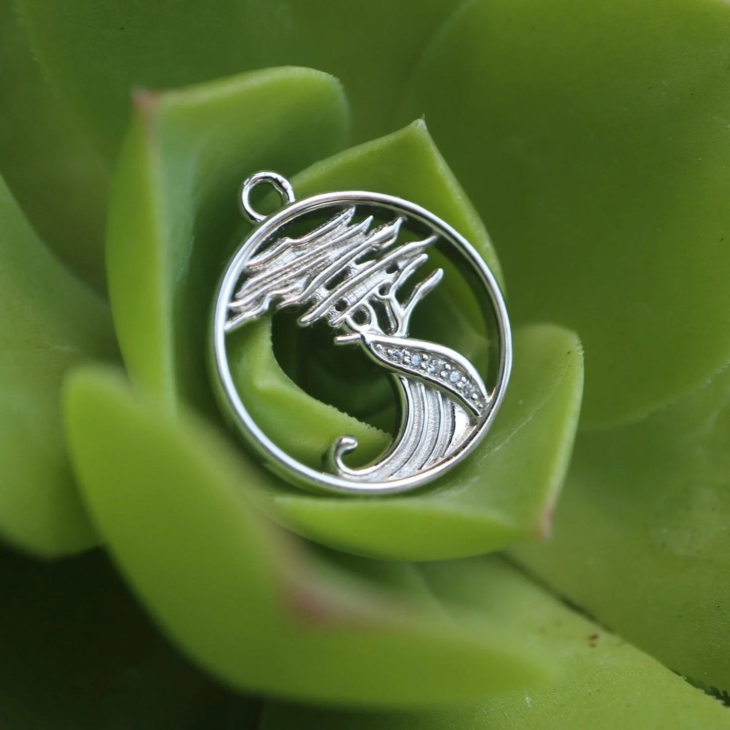 Lone Cypress Pebble Beach Wave Charm Pendant Sterling Necklace & Cubic Zirconia - Devine & Co.