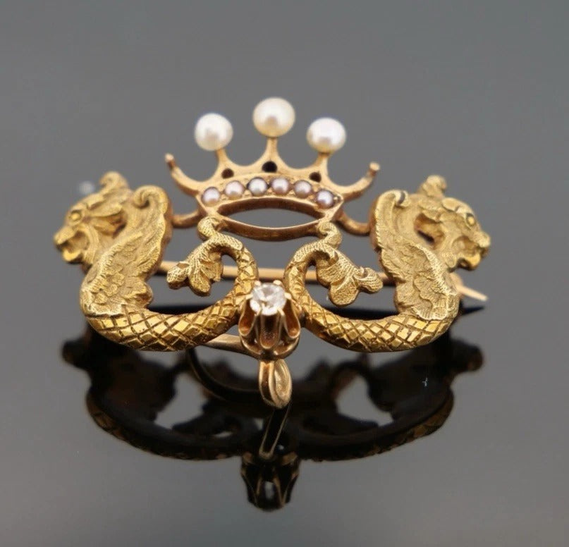 Antique 14K Yellow Gold Seed Pearl & Diamond 3.18g Dragon Crown Enhancer Brooch