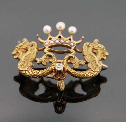 Antique 14K Yellow Gold Seed Pearl & Diamond 3.18g Dragon Crown Enhancer Brooch