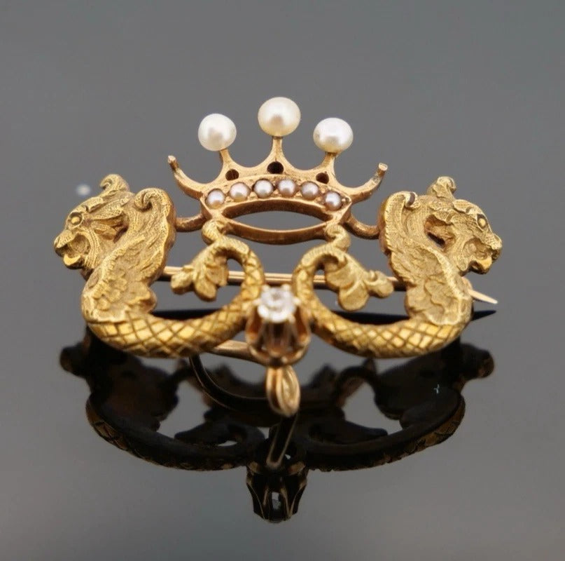 Antique 14K Yellow Gold Seed Pearl & Diamond 3.18g Dragon Crown Enhancer Brooch