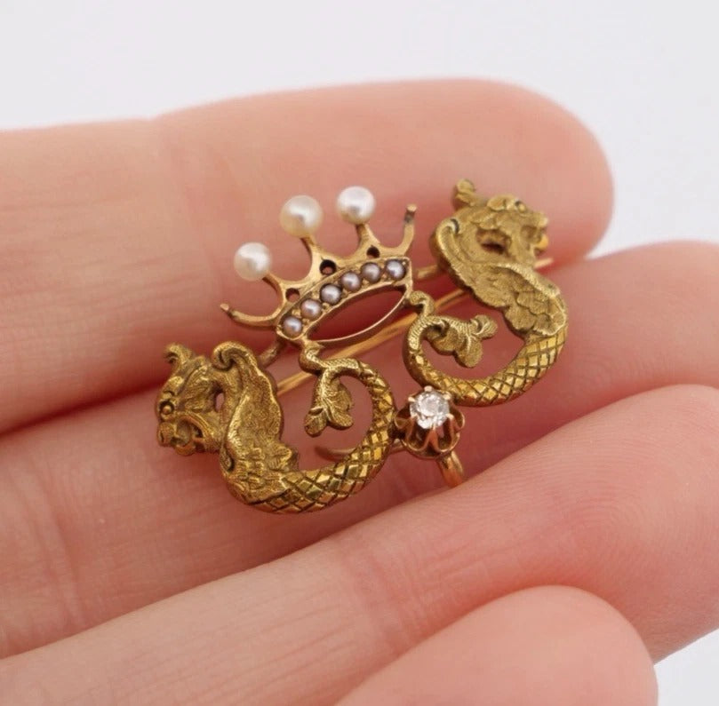 Antique 14K Yellow Gold Seed Pearl & Diamond 3.18g Dragon Crown Enhancer Brooch