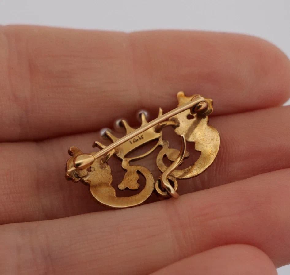 Antique 14K Yellow Gold Seed Pearl & Diamond 3.18g Dragon Crown Enhancer Brooch
