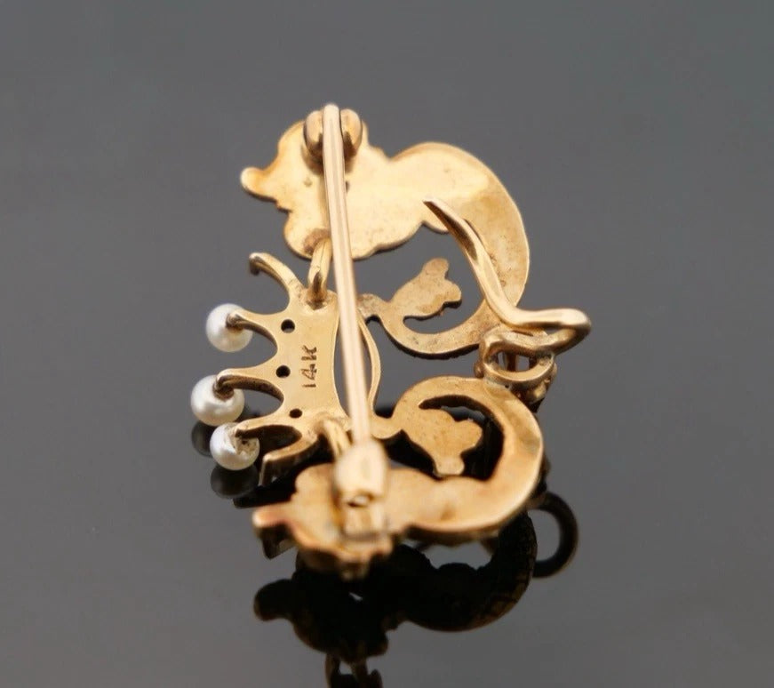 Antique 14K Yellow Gold Seed Pearl & Diamond 3.18g Dragon Crown Enhancer Brooch