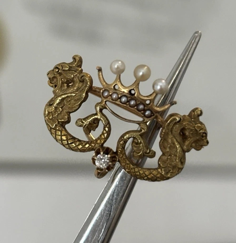 Antique 14K Yellow Gold Seed Pearl & Diamond 3.18g Dragon Crown Enhancer Brooch