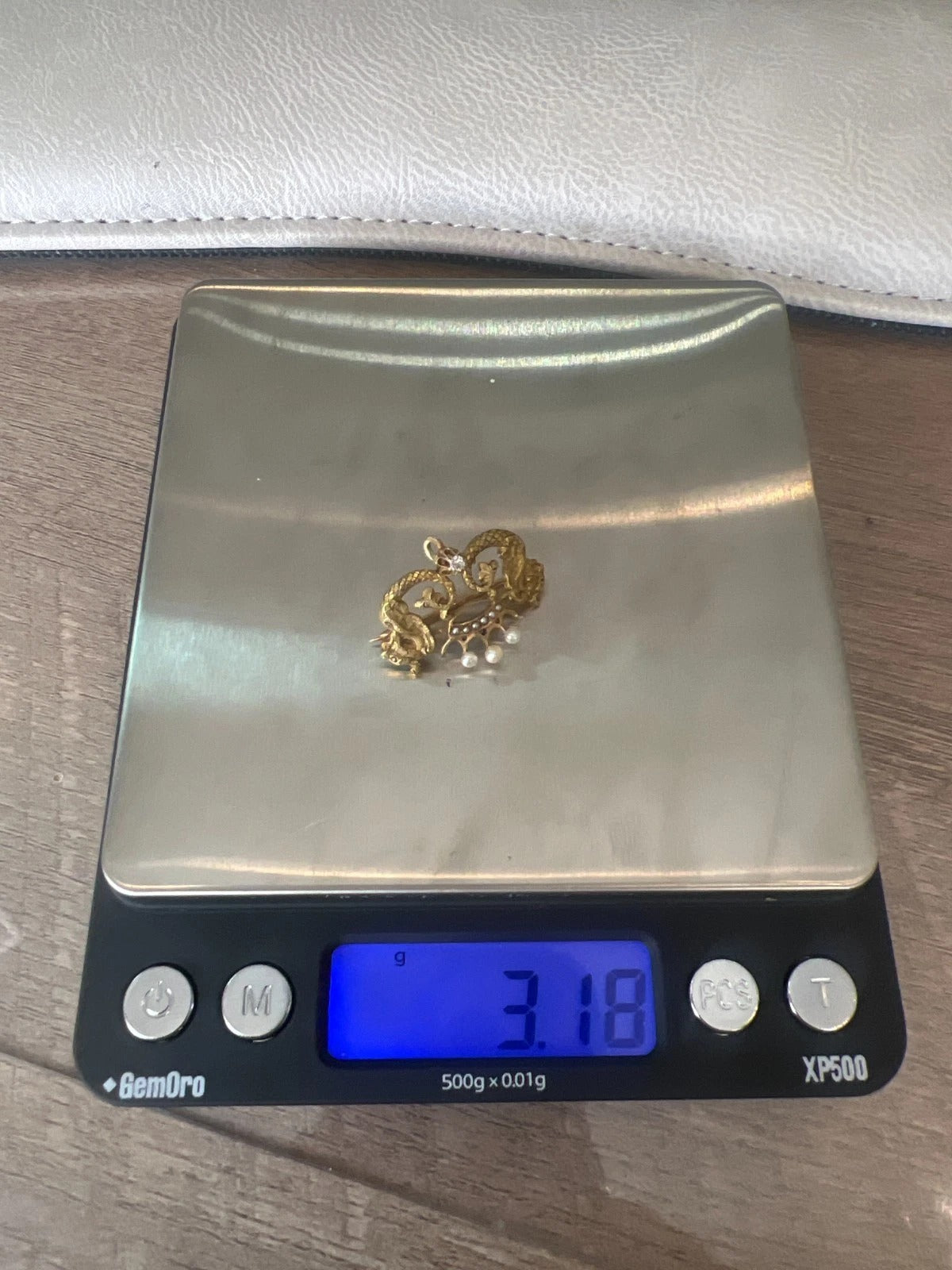 Antique 14K Yellow Gold Seed Pearl & Diamond 3.18g Dragon Crown Enhancer Brooch