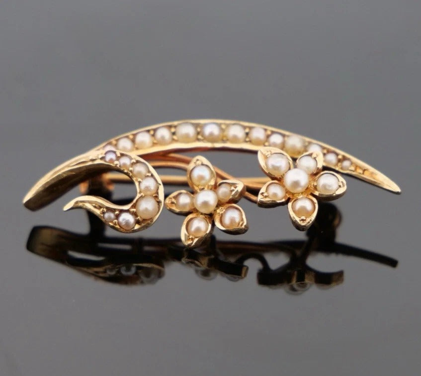 Antique 14K Yellow Gold Seed Pearl Floral Art Nouveau 2.67g Flower Leaf Brooch