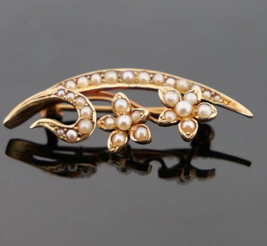 Antique 14K Yellow Gold Seed Pearl Floral Art Nouveau 2.67g Flower Leaf Brooch