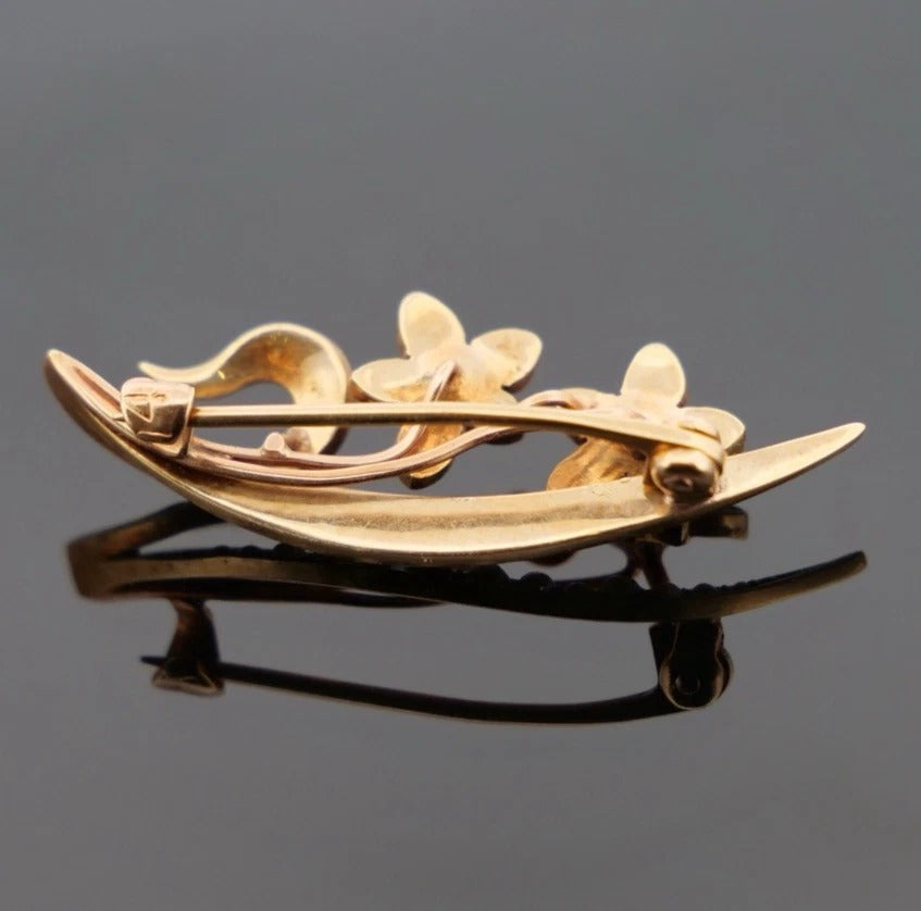 Antique 14K Yellow Gold Seed Pearl Floral Art Nouveau 2.67g Flower Leaf Brooch