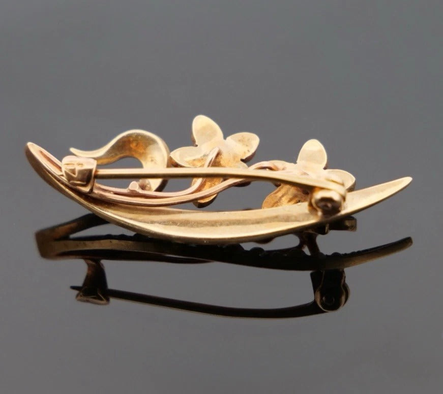 Antique 14K Yellow Gold Seed Pearl Floral Art Nouveau 2.67g Flower Leaf Brooch