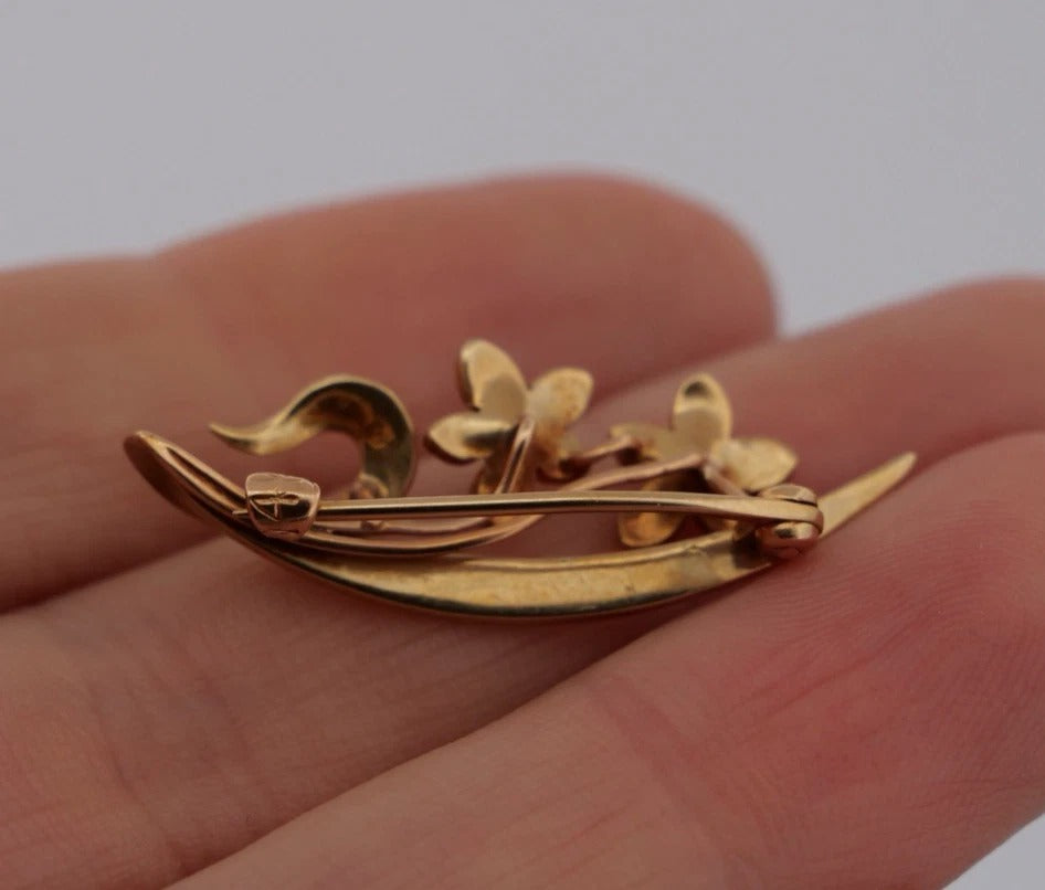 Antique 14K Yellow Gold Seed Pearl Floral Art Nouveau 2.67g Flower Leaf Brooch