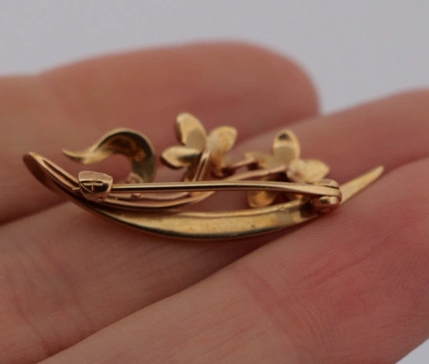 Antique 14K Yellow Gold Seed Pearl Floral Art Nouveau 2.67g Flower Leaf Brooch