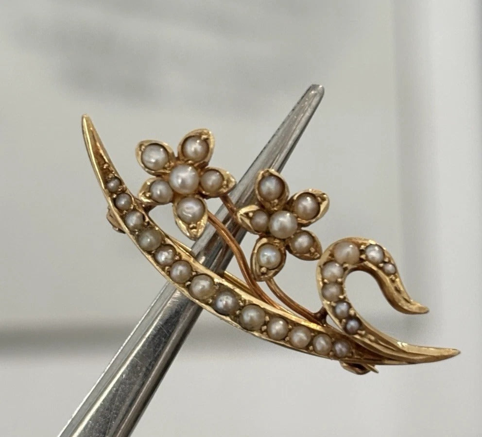 Antique 14K Yellow Gold Seed Pearl Floral Art Nouveau 2.67g Flower Leaf Brooch