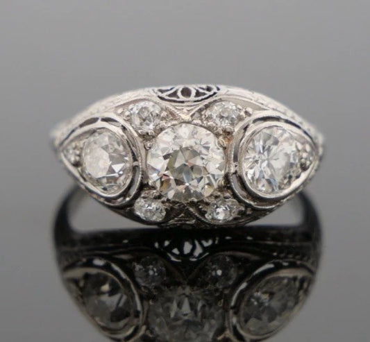 1920s Art Deco Old European Cuts Handmade Filigree 2.00CTW Platinum Diamond Ring