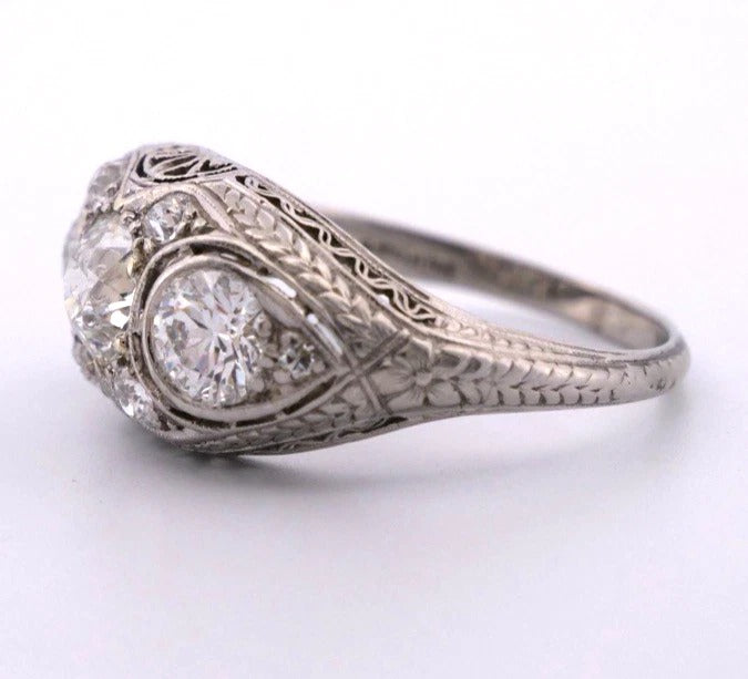 1920s Art Deco Old European Cuts Handmade Filigree 2.00CTW Platinum Diamond Ring